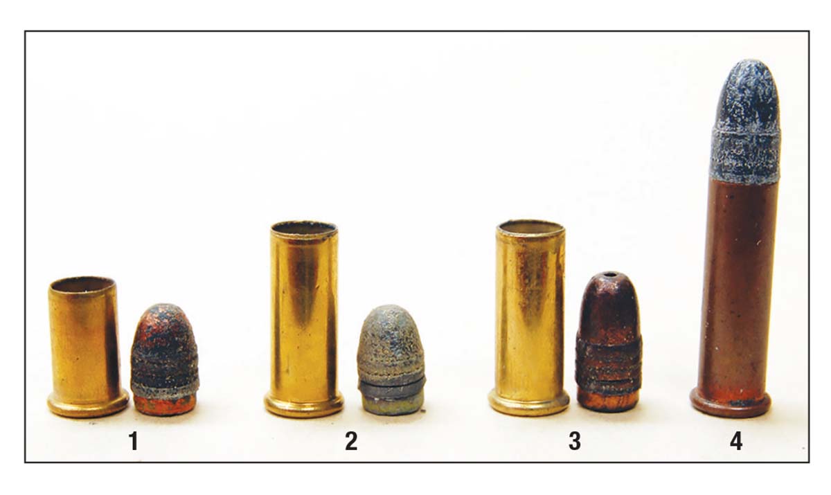Cartridges: (1) 22 Short and (2) 22 Long with their 29-grain bullets, the (3) 22 LR with its 40-grain bullet that is the same as was loaded in the (4) 22 Extra Long.